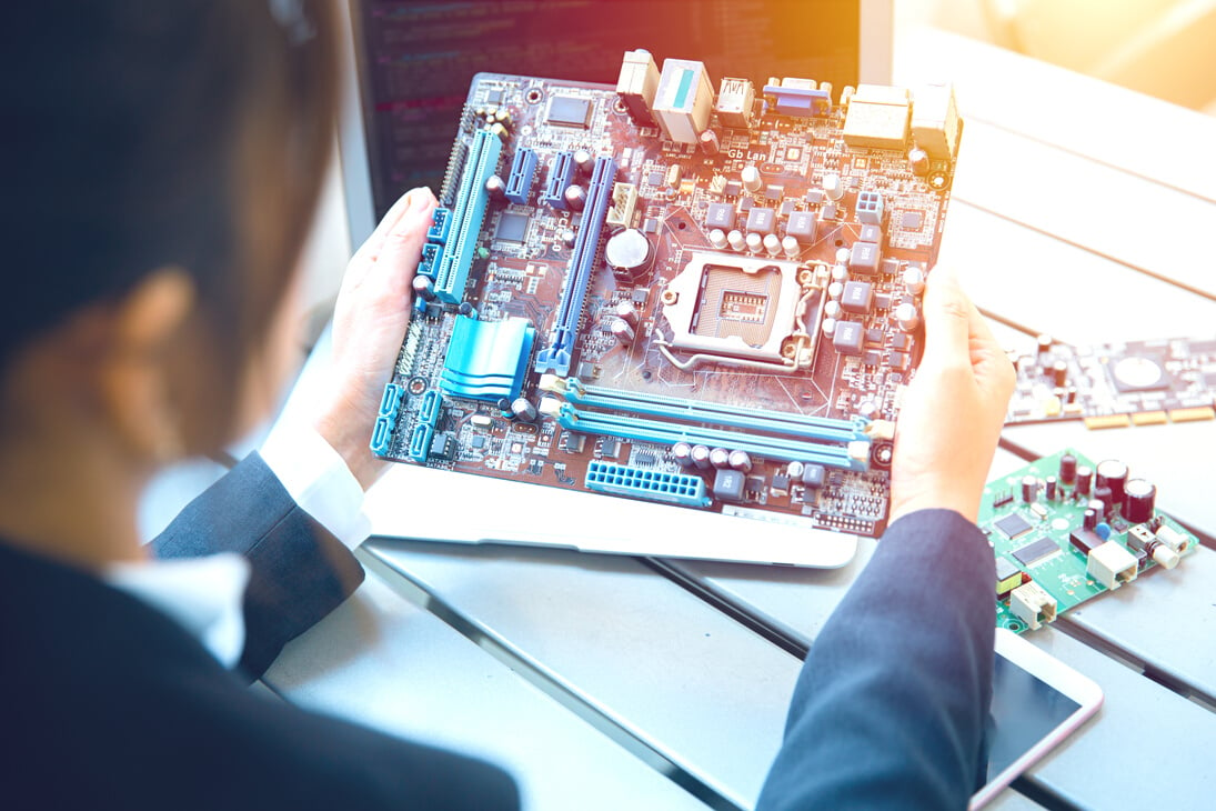 Engineer Inspect Final Production of Printed Circuit Computer Logic Board Prepare for Mass Production Process.